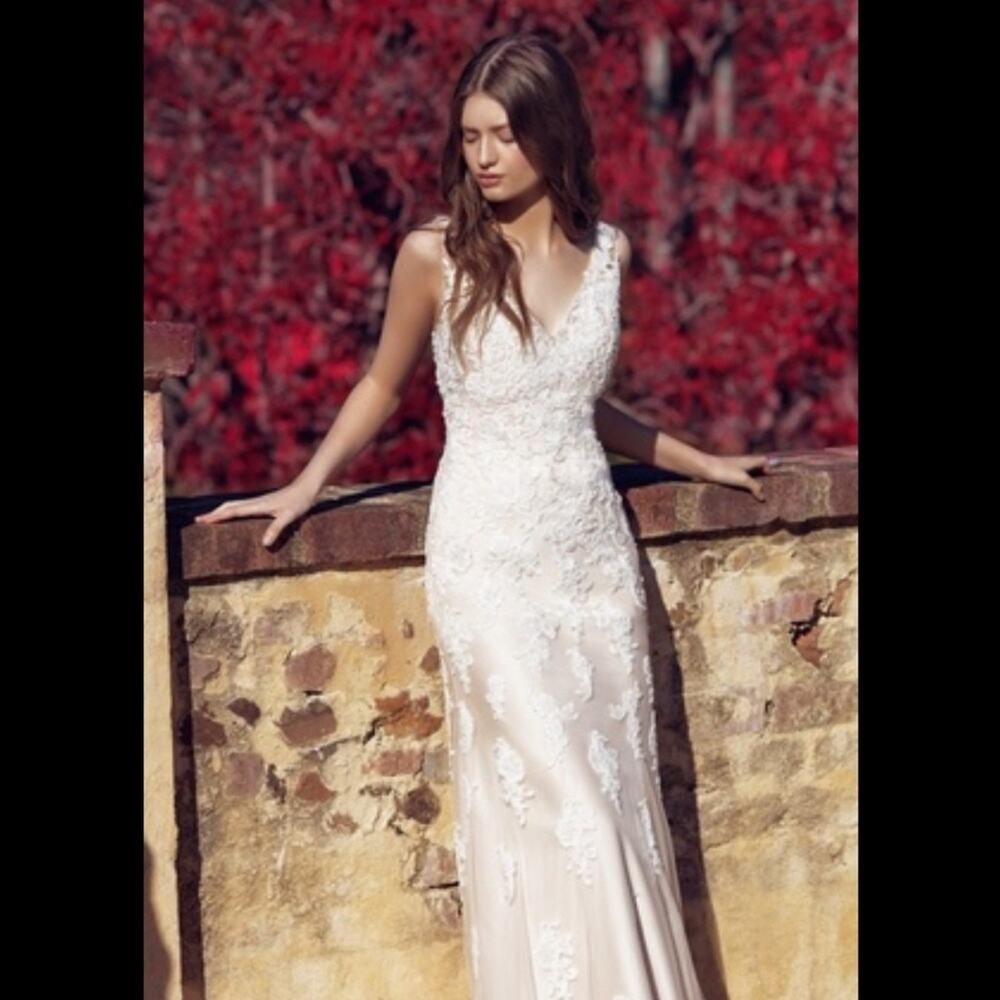 Mia Solano ‘Cate’ Ivory V Neck Beaded Sleeveless Backless Sheath Wedding Dress - Picture 3 of 9